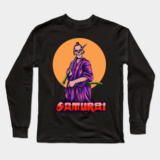 Samurai skull Illustration Long Sleeve T-Shirt by Invectus Studio Store